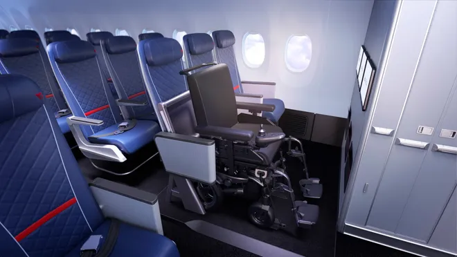 Rendering of Delta Air Lines' seat concept that will allow wheelchair users to fly in their own equipment. Delta Air Lines